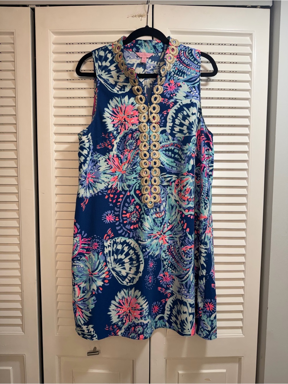 Lilly Pulitzer Navy Floral Sleeveless Shift with Silver Embellished Trim